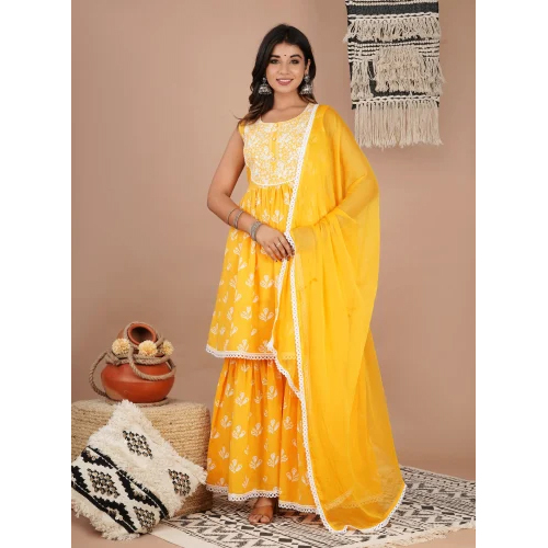 Pure Cotton Designer Kurti And Sharara With Chiffon Dupatta