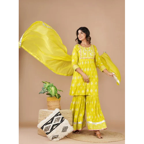 Rayon Designer Embroidered Kurti And Sharara With Chiffion Dupatta