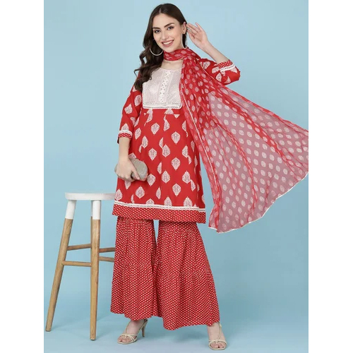 Rayon Embroidered Kurta And Sharara With Printed Chiffon Dupatta