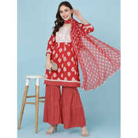 Washable Rayon Embroidered Kurta And Sharara With Printed Chiffon Dupatta