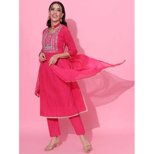 Washable Shiffli Embroidery Cotton Kurta Pant Set