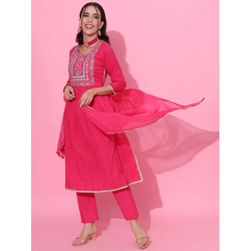 Shiffli Embroidery Cotton Kurta Pant Set