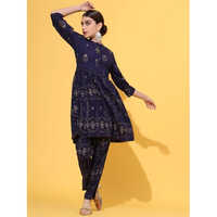 Peplum Top With Pant Set - Rayon Blend, Available In Various Sizes, Elegant Printed Pattern, 3-4th Sleeve Style, Washable And Versatile For Any Occasion