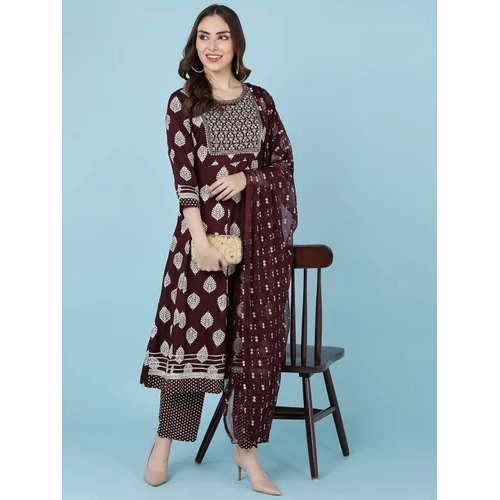 Rayon Embroidered Kurta And Pant With Printed Chiffon Dupatta