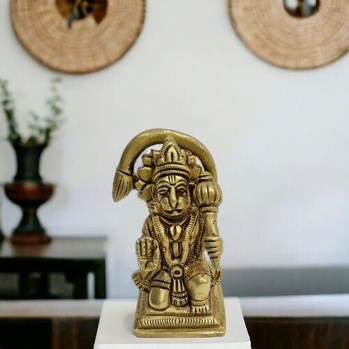 Brass Hanuman Sitting Religious Hindu Statue with Gada, Temple Decor Statue, Hindu God Figurine,