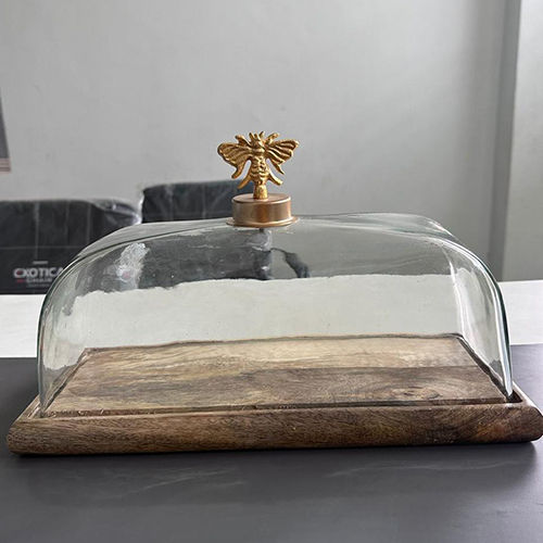 Different Available / Transparent Antique Rectangular Glass Cake Cover With Wooden Base