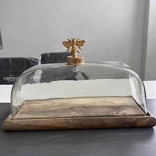 Antique Rectangular Glass Cake Cover With Wooden Base