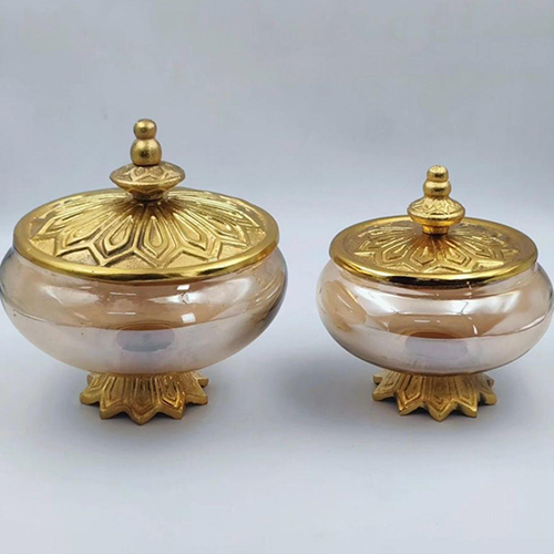 Round Traditional Decorative Dry Fruits Storage Glass Jar With Golden Lid