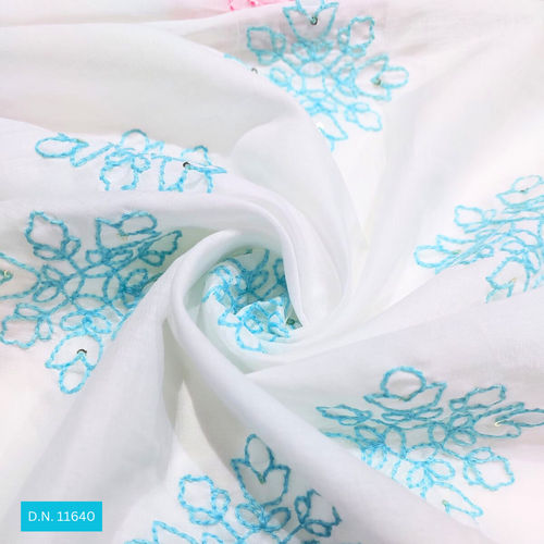 Sky Blue Thread work Embroidered Cotton Fabric