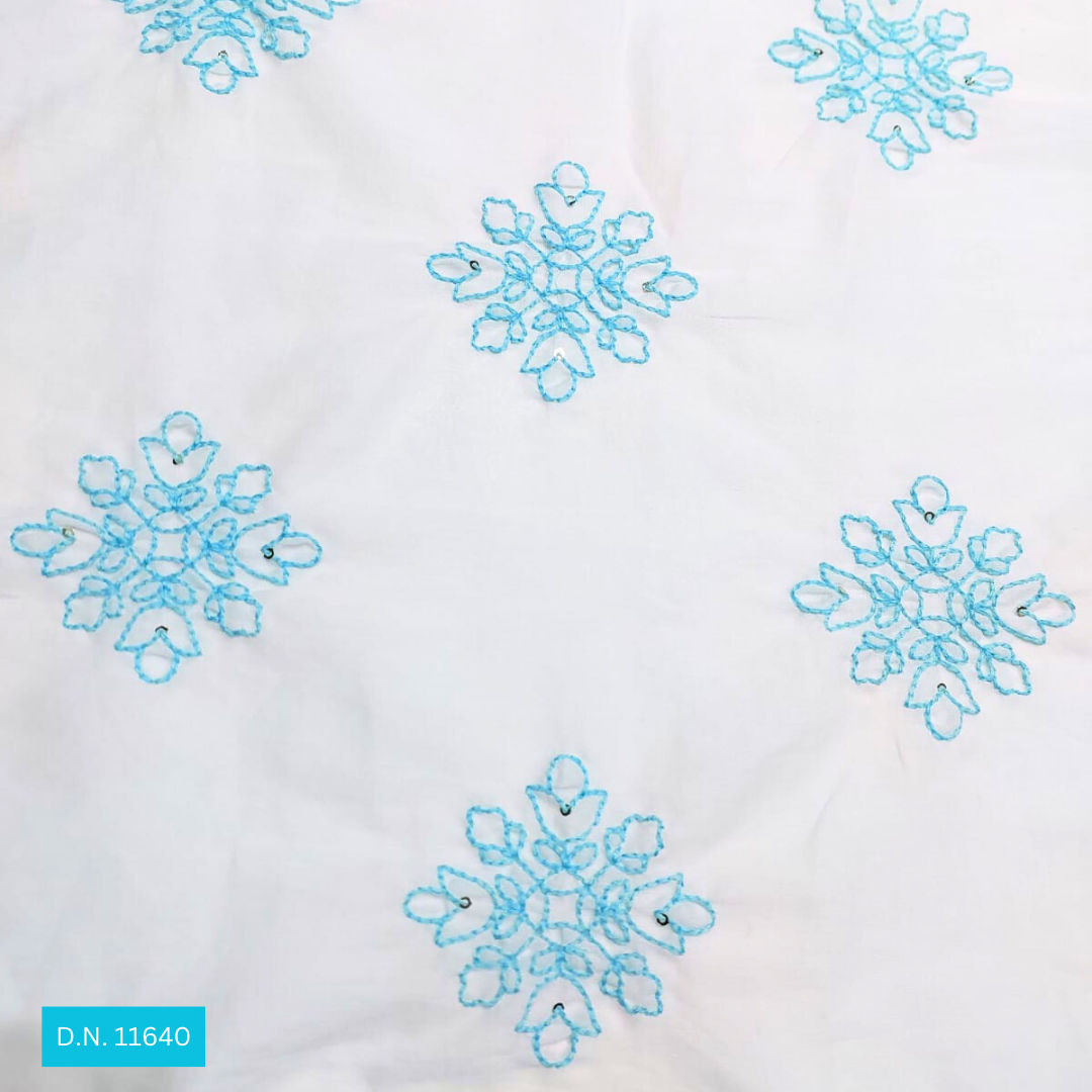 Sky Blue Thread work Embroidered Cotton Fabric