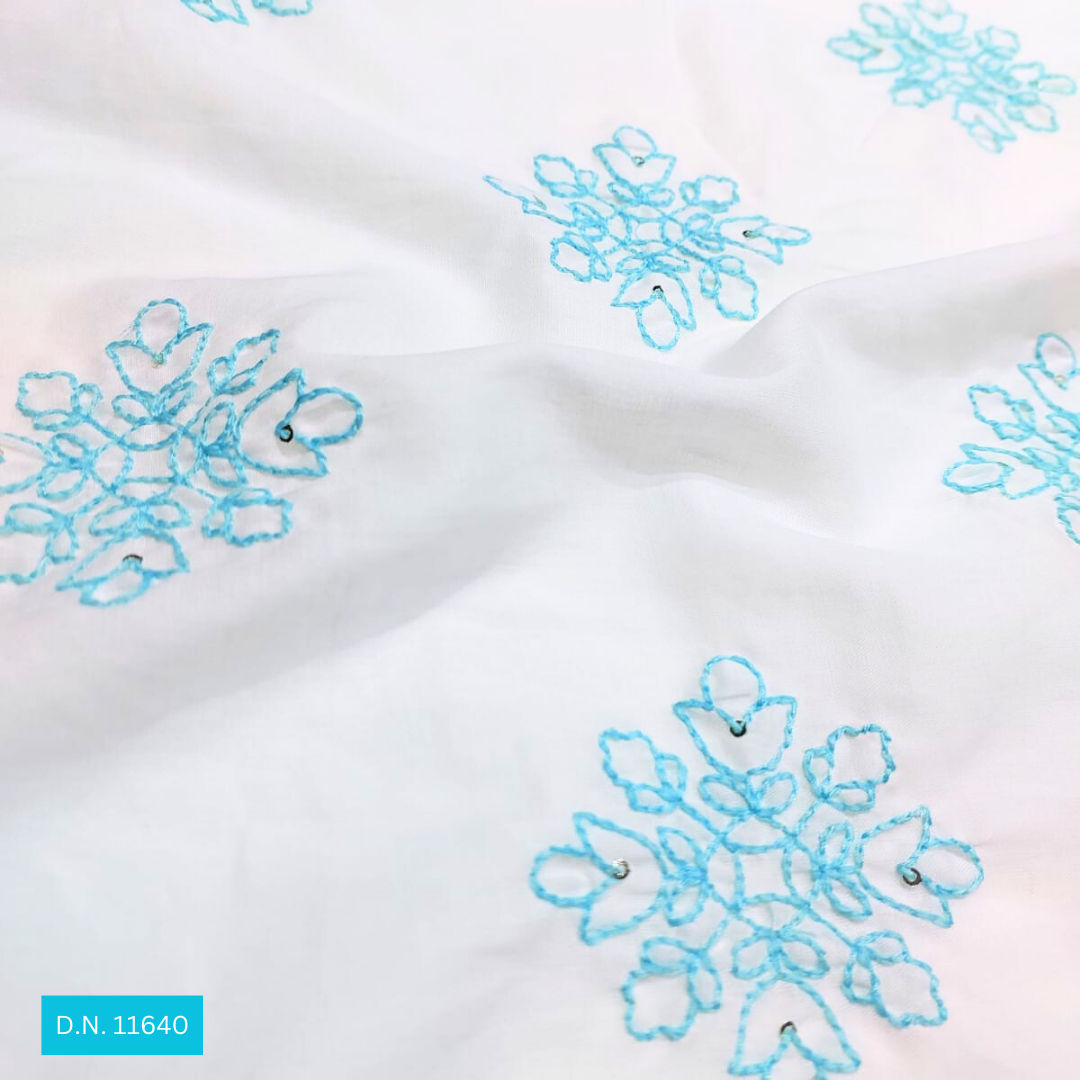 Sky Blue Thread work Embroidered Cotton Fabric