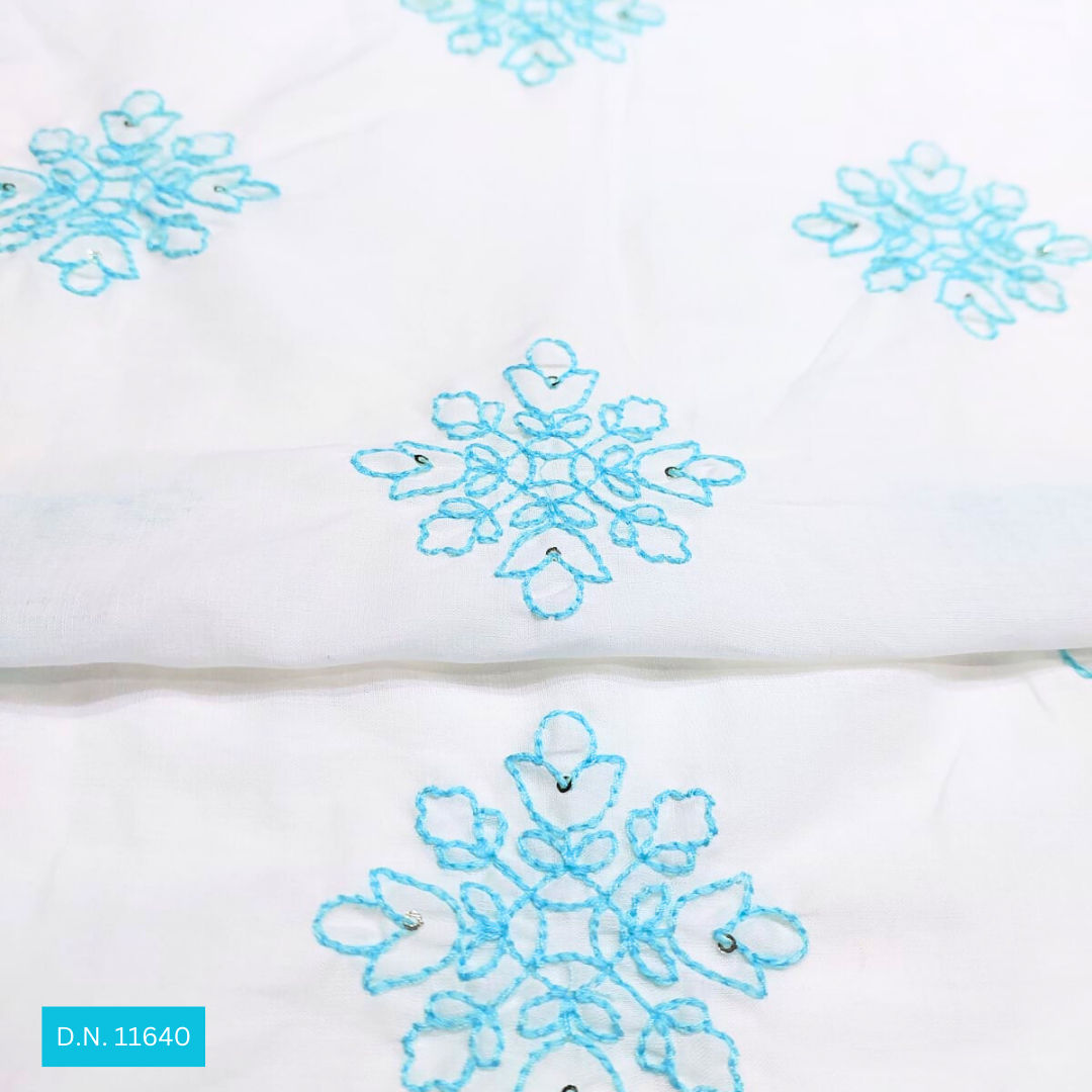 Sky Blue Thread work Embroidered Cotton Fabric