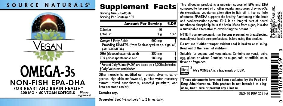 Source Naturals Vegan Omega-3s,  300 mg - 60 Vegan Softfgels