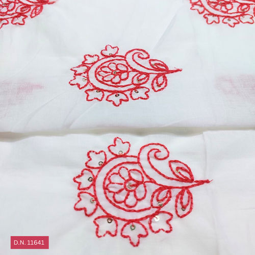 Red Thread work Embroidered Cotton Floral Fabric