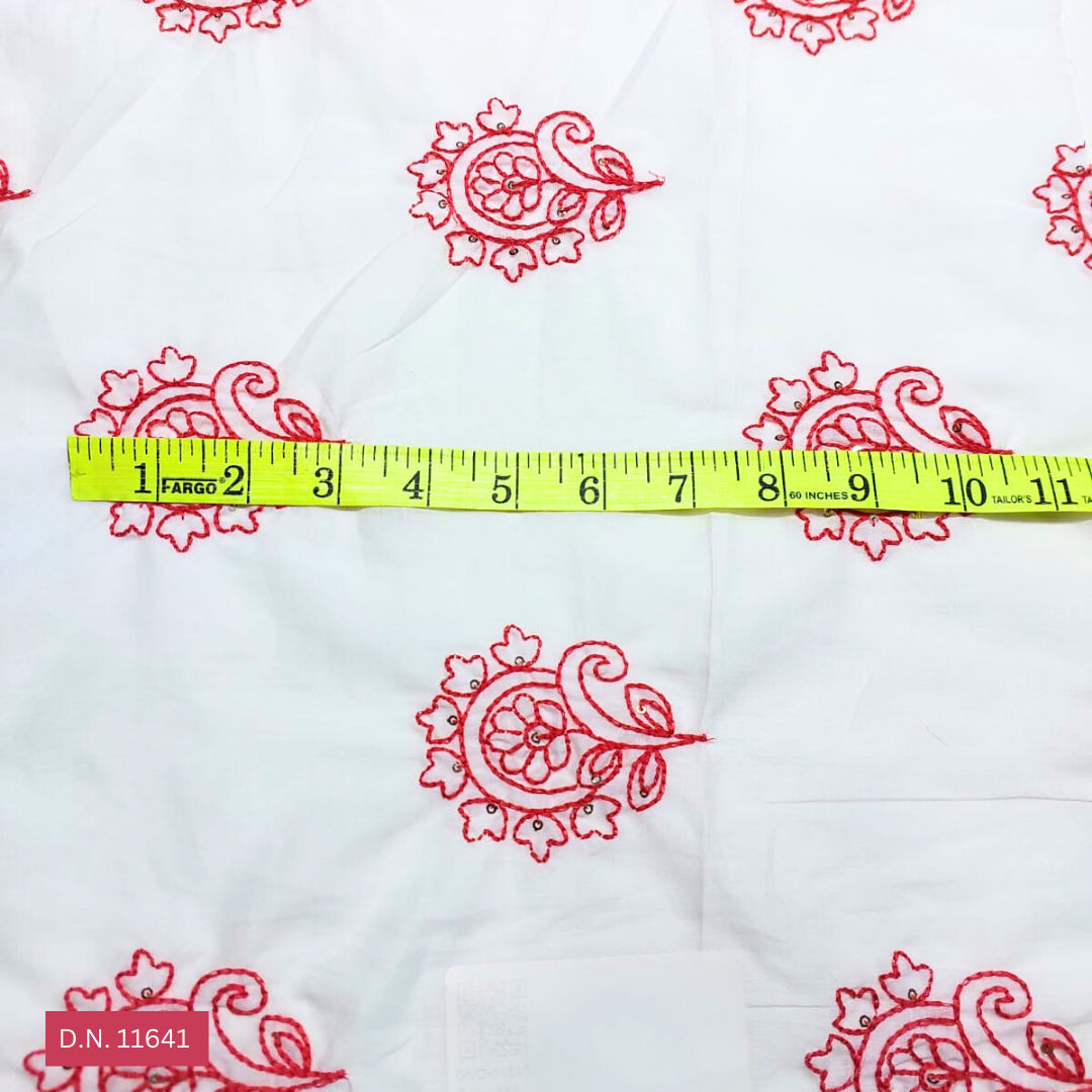 Red Thread work Embroidered Cotton Floral Fabric