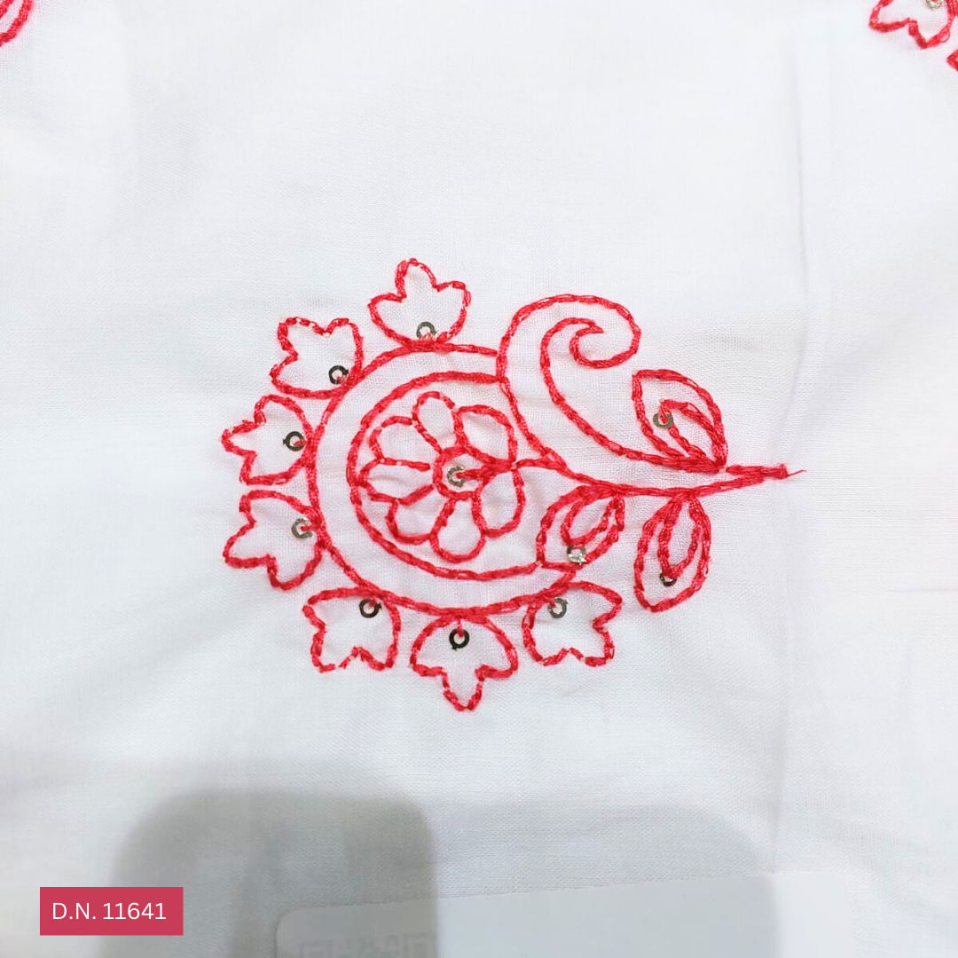 Red Thread work Embroidered Cotton Floral Fabric