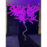 Pink Plastic Cherry Blossom Tree - 10.5 Ft, Metal Base, LED Pink Light