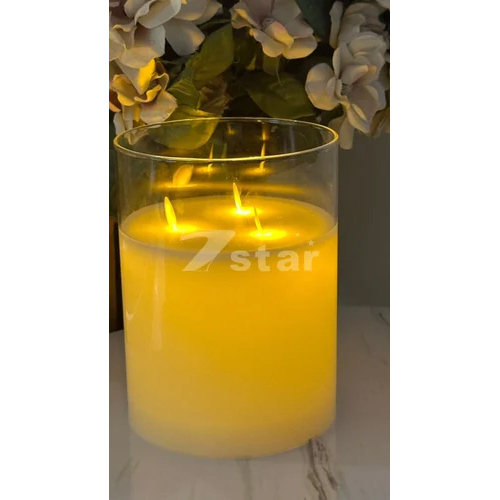 LED Glass Triple Moving Flame Pillar Candle - Soy Wax Material, Round Shape, Yellow Color | Warm White Light for Elegant Decoration
