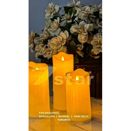 Set Of 3 Led Pillar Candle - Plastic, Round, Yellow | Ideal For Decoration, Warm Yellow Light, Elegant Design