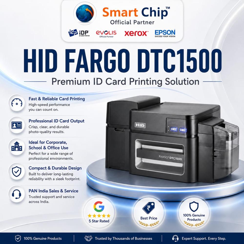 HID FARGO DTC 1500 ID Card Printer - 249H x 475W x 234D mm, Black | Dye Sublimation Print Method, 100 Card Capacity, 300 dpi Resolution, 225 Cards Per Hour Print Speed