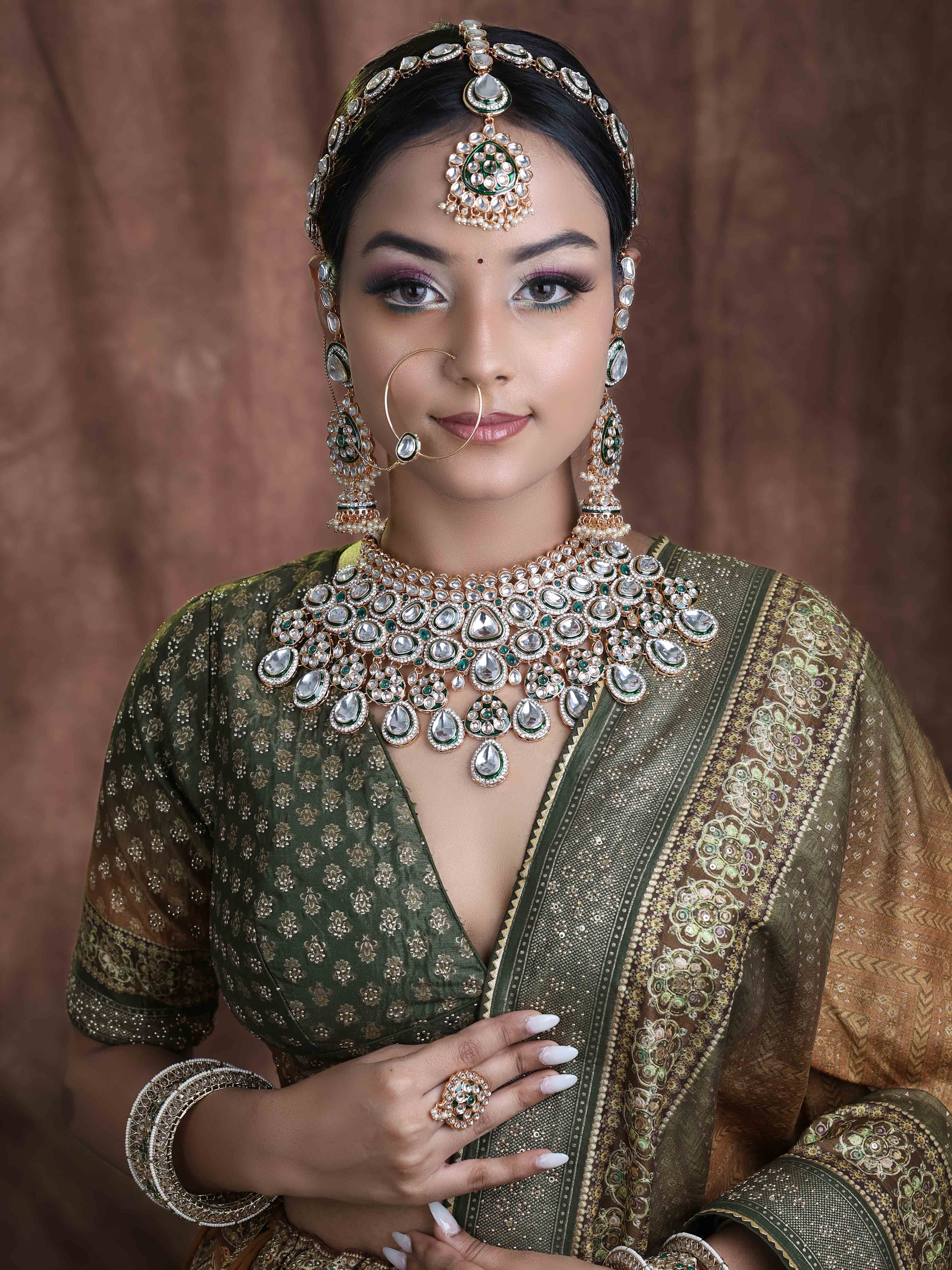 Dazzling Divinity kundan Semi Bridal Rose gold plated Jewellery Set.