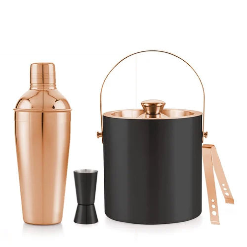 Stainless Steel Copper with Black Ice Bucket And Tong,Peg Measure And Delux Cocktail Shaker