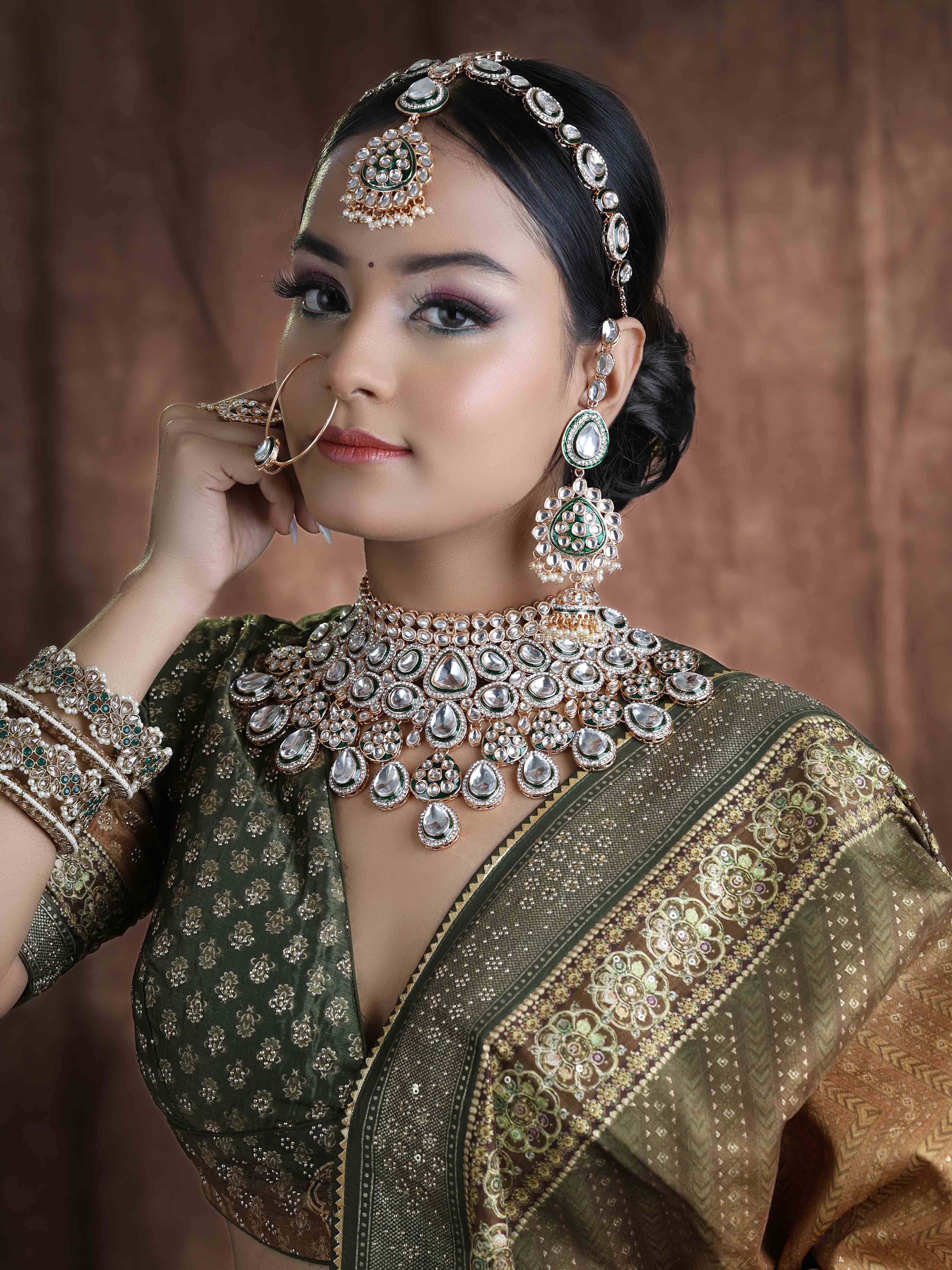 Dazzling Divinity kundan Semi Bridal Rose gold plated Jewellery Set  .