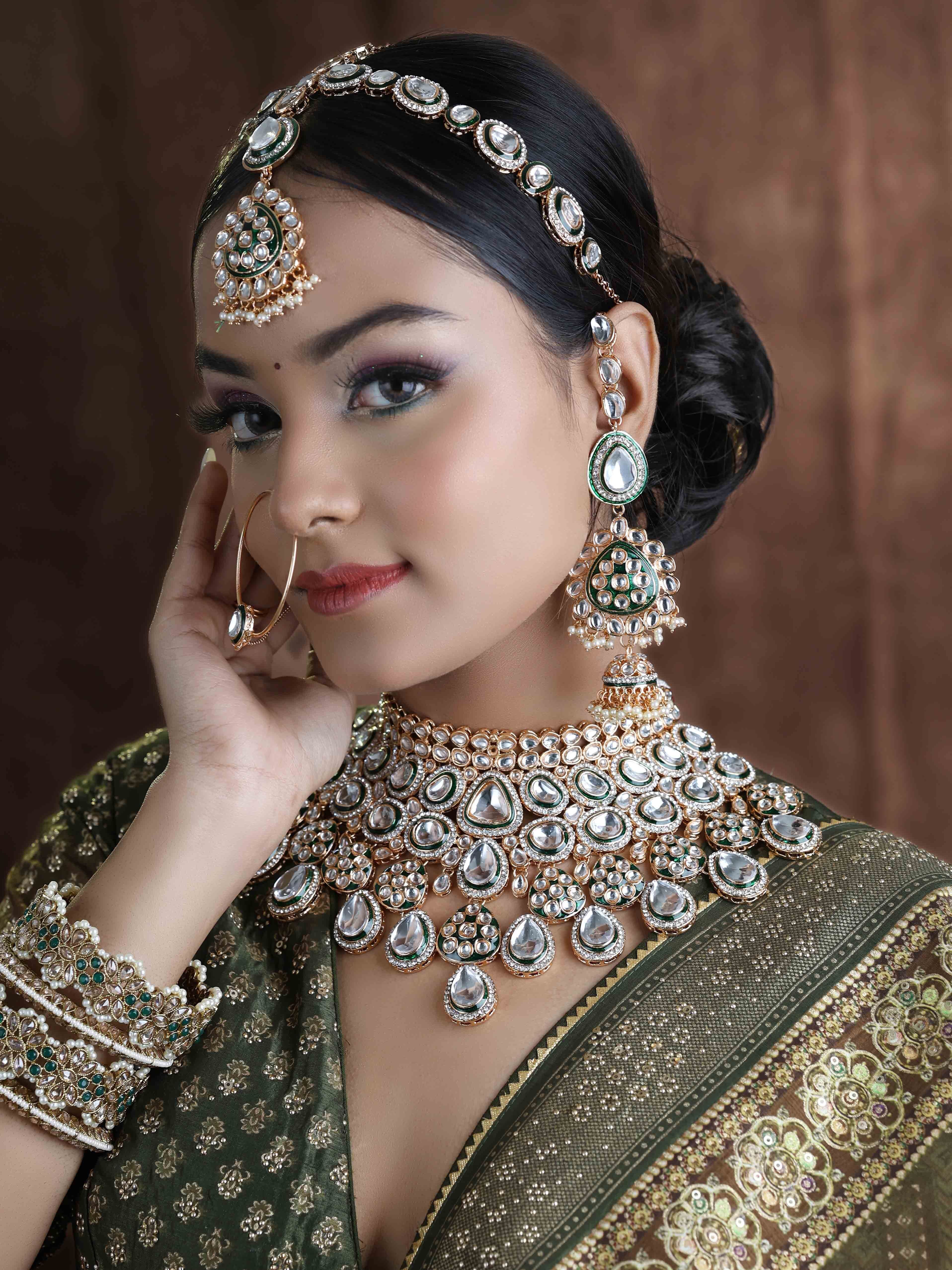 Dazzling Divinity kundan Semi Bridal Rose gold plated Jewellery Set  .