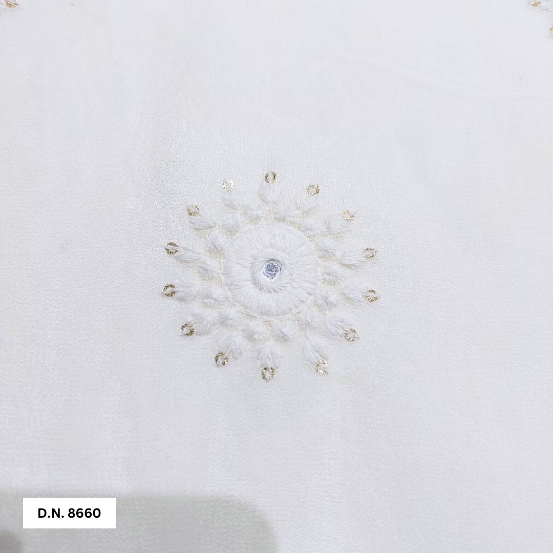 White cotton Thread with Gold Glitter Sequin Motif Embroidered fabric