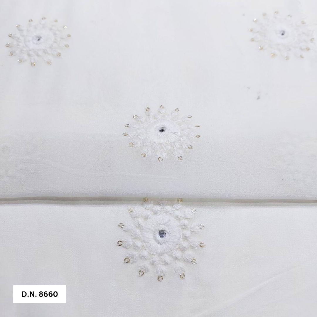 White cotton Thread with Gold Glitter Sequin Motif Embroidered fabric