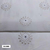 White cotton Thread with Gold Glitter Sequin Motif Embroidered fabric