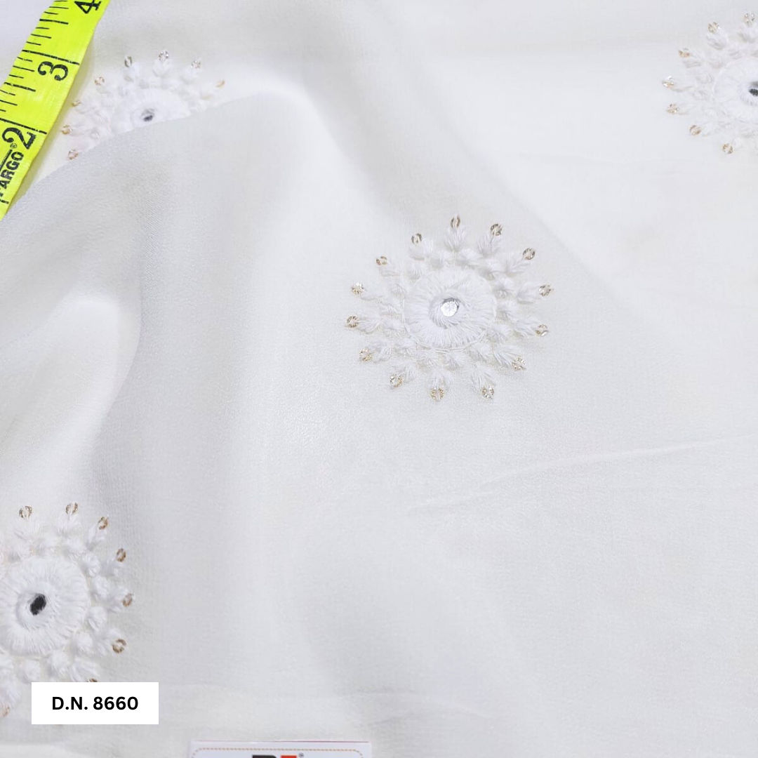 White cotton Thread with Gold Glitter Sequin Motif Embroidered fabric