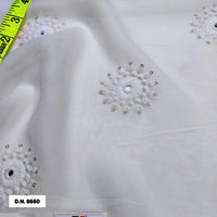 White cotton Thread with Gold Glitter Sequin Motif Embroidered fabric