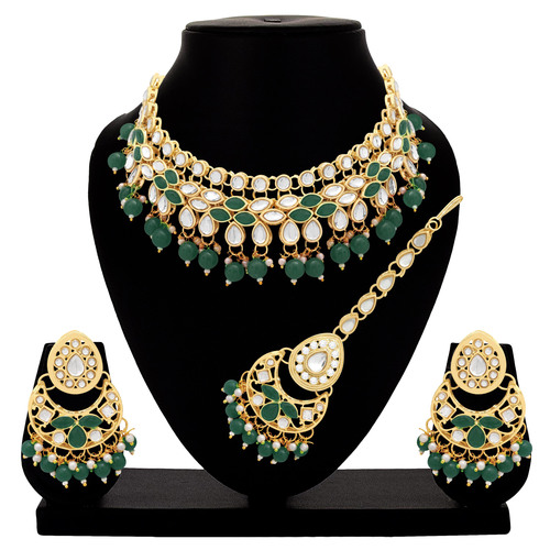 Kundan Stone Gold Plated Designer Choker Necklaces Set - Color: Green