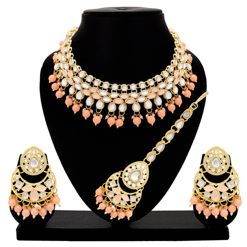 Kundan Stone Gold plated Designer Choker Necklace Set .