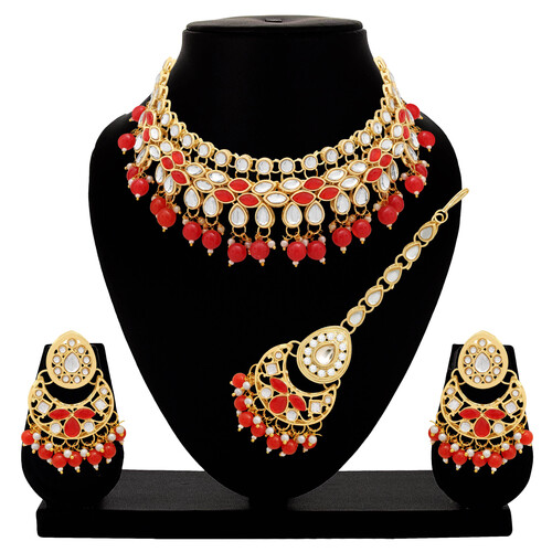 Kundan Stone Gold Plated Designer Choker Necklaces Set .. - Color: Red
