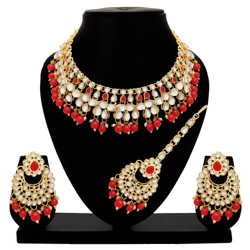 Imperial Wedding Kundan Choker Necklace Set - Alloy, 23x3.5 cm Necklace, 5x3.5 cm Earrings, 10x3.5 cm Maangtikka | Gold Plated, Adjustable Size, Traditional Red Elegance