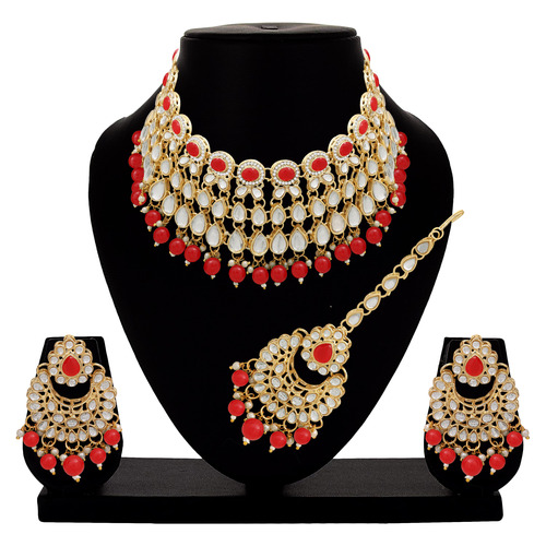 Delicate Round Kundan Choker Necklace Set - Color: Red