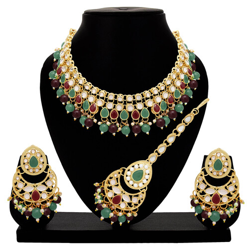 Emerald Elegance Kundan Choker Necklace Set - Alloy, 21.5cm Length, 3.5cm Width, Earring 5.5cm Length, 3.5cm Width, Maangtikka 11cm Length | Gold Plated, Multicolor, Adjustable Size, Ideal for Weddings & Engagements
