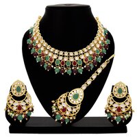 Emerald Elegance Kundan Choker Necklace Set - Alloy, 21.5cm Length, 3.5cm Width, Earring 5.5cm Length, 3.5cm Width, Maangtikka 11cm Length | Gold Plated, Multicolor, Adjustable Size, Ideal For Weddings & Engagements