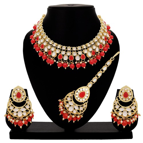 Emerald Elegance Kundan Choker Necklace Set - Alloy, 21.5x3.5 cm Necklaces, 5.5x3.5 cm Earrings, 11x3.5 cm Maangtikka | Gold Plated, Adjustable Size, Perfect for Weddings and Parties