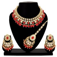 Emerald Elegance Kundan Choker Necklace Set - Alloy, 21.5x3.5 Cm Necklaces, 5.5x3.5 Cm Earrings, 11x3.5 Cm Maangtikka | Gold Plated, Adjustable Size, Perfect For Weddings And Parties