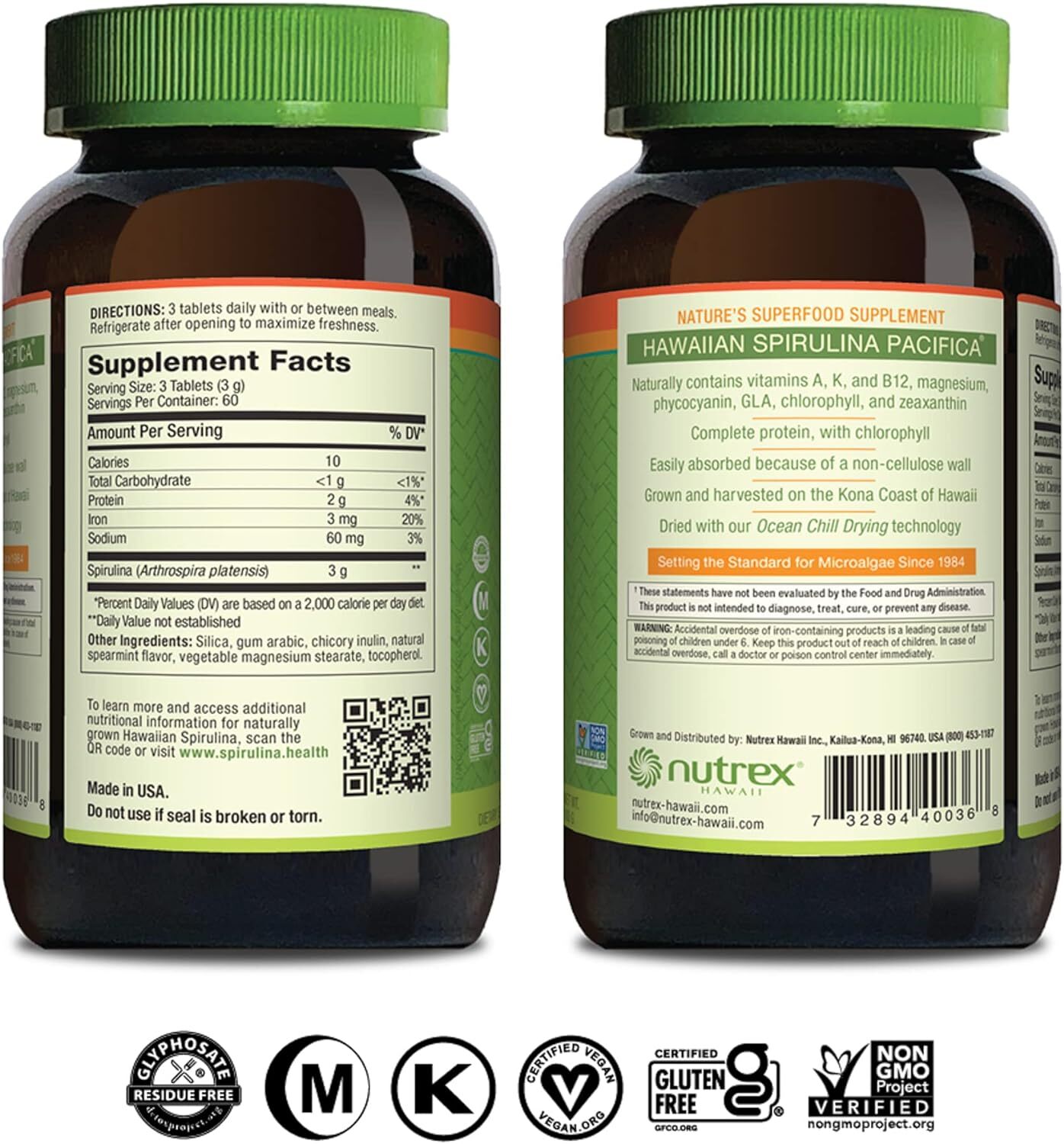 Nutrex Hawaii, Pure Hawaiian Spirulina, 1000 mg Spearmint Tablets, 180 Count, Vegan