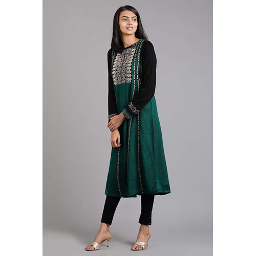 W Green Round Neck Solid Winter Kurta