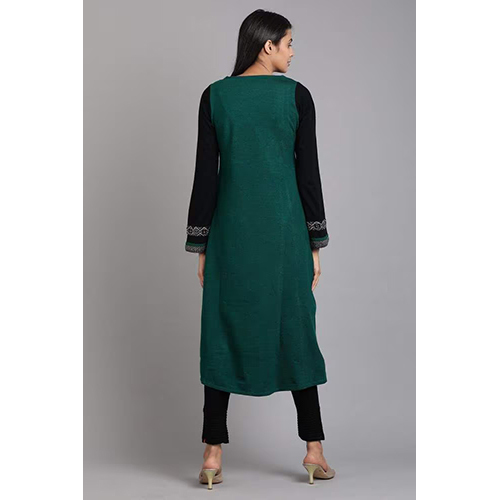 W Green Round Neck Solid Winter Kurta