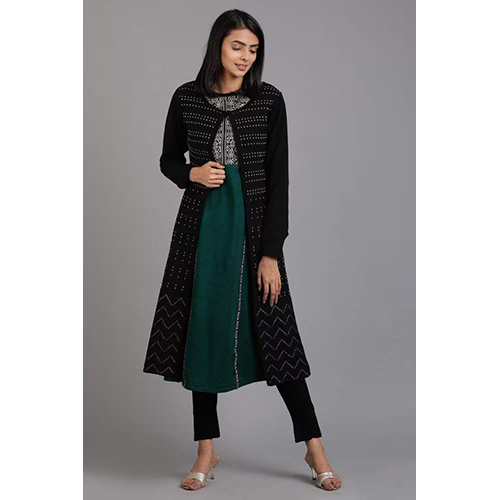 W Green Round Neck Solid Winter Kurta