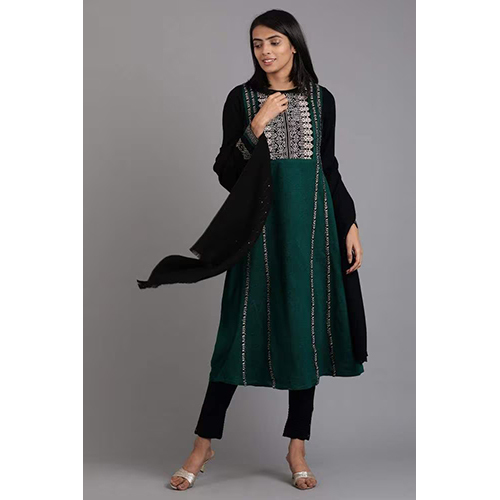 W Green Round Neck Solid Winter Kurta