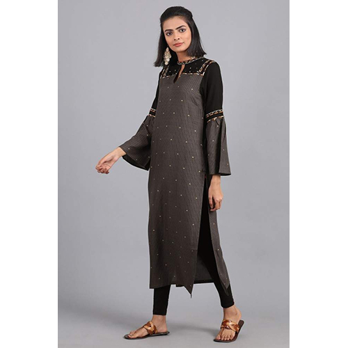 W Grey Choker Neck Printed Kurta