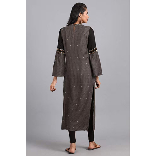 W Grey Choker Neck Printed Kurta