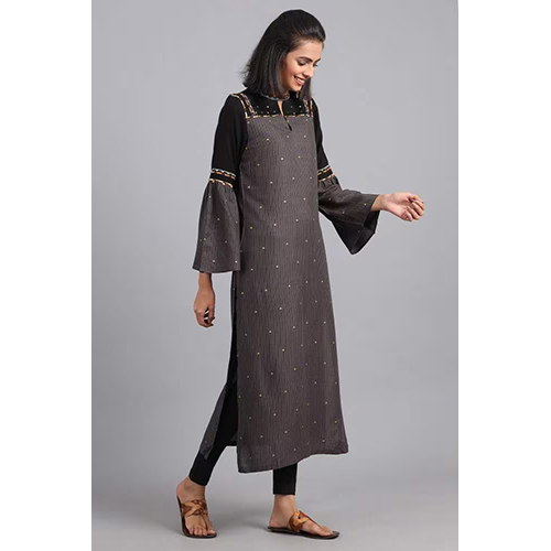 W Grey Choker Neck Printed Kurta